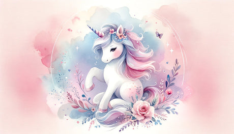 Unicorn Mural Wallpaper  Watercolor Fantasy with Floral Crown - Detailed wallpaper pattern view