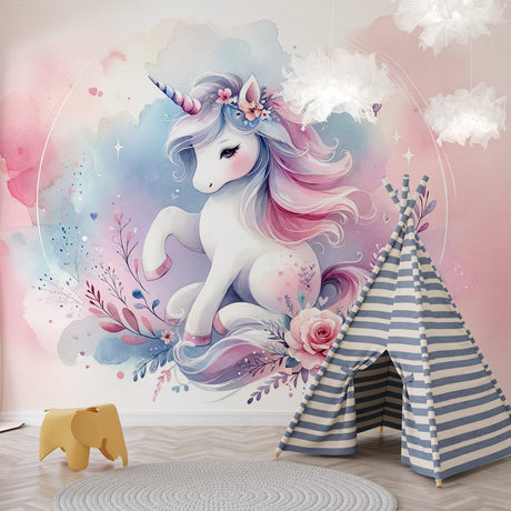 Unicorn Mural Wallpaper  Watercolor Fantasy with Floral Crown - Premium wallpaper design showcase