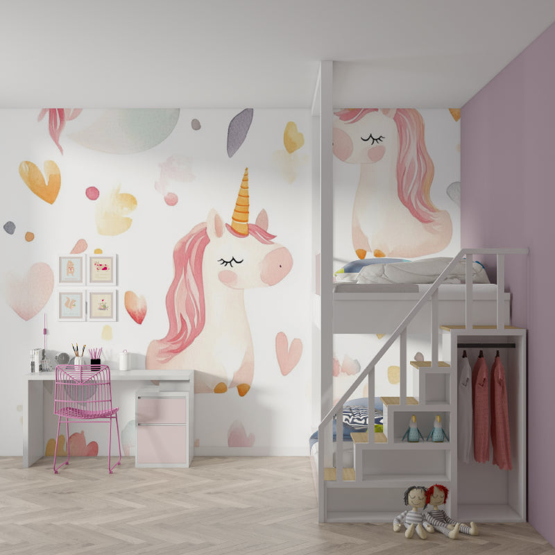 Unicorn wallpaper mural creating magic in a bright nursery with white furniture