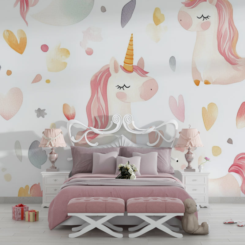 Kids bedroom with unicorn wallpaper bringing pastel charm to play area