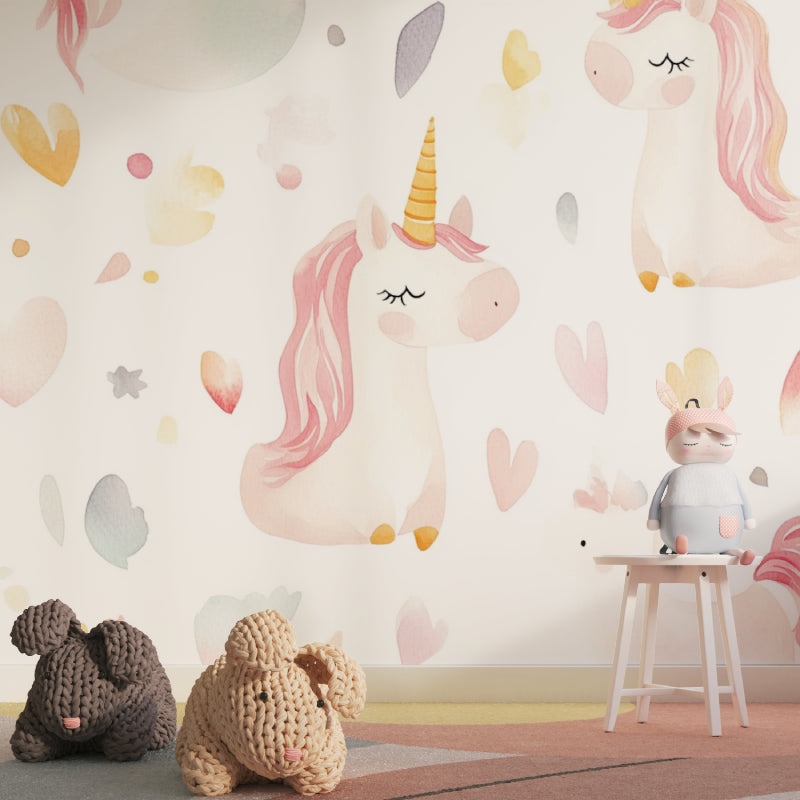 Magical unicorn wall mural in modern girl's bedroom with reading nook