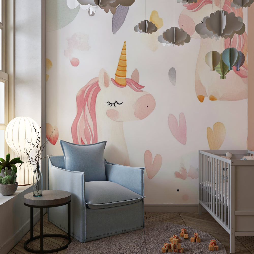 Pastel unicorn wallpaper creating soft atmosphere in baby's nursery