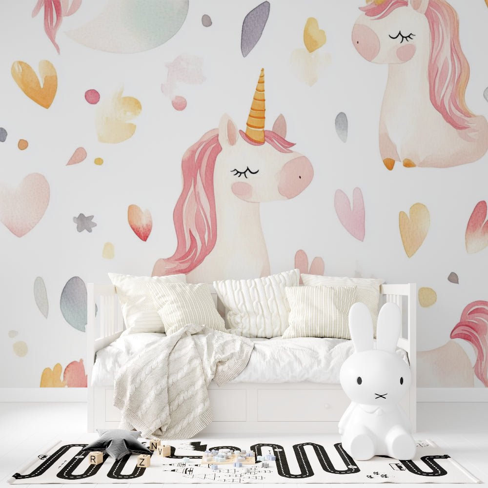 Unicorn and hearts wallpaper in cozy children's playroom setting