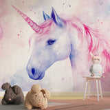Teen bedroom showcasing elegant unicorn wall mural in watercolor style