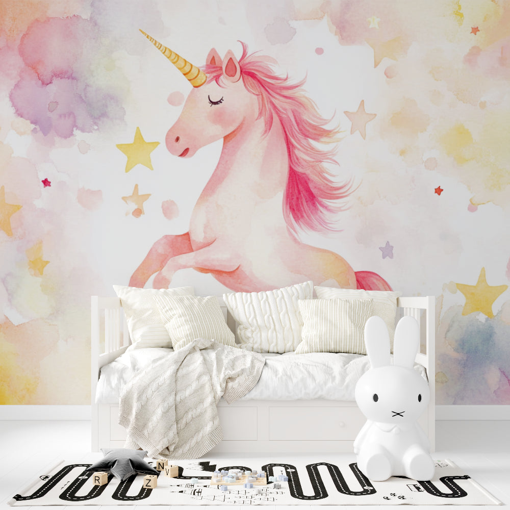 Magical unicorn wall mural brightening up a girl's bedroom with pink accents