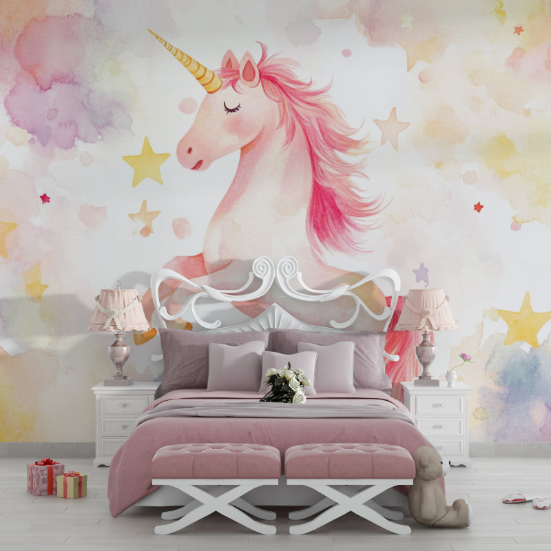 Unicorn wallpaper making a playroom wall come alive with soft watercolors