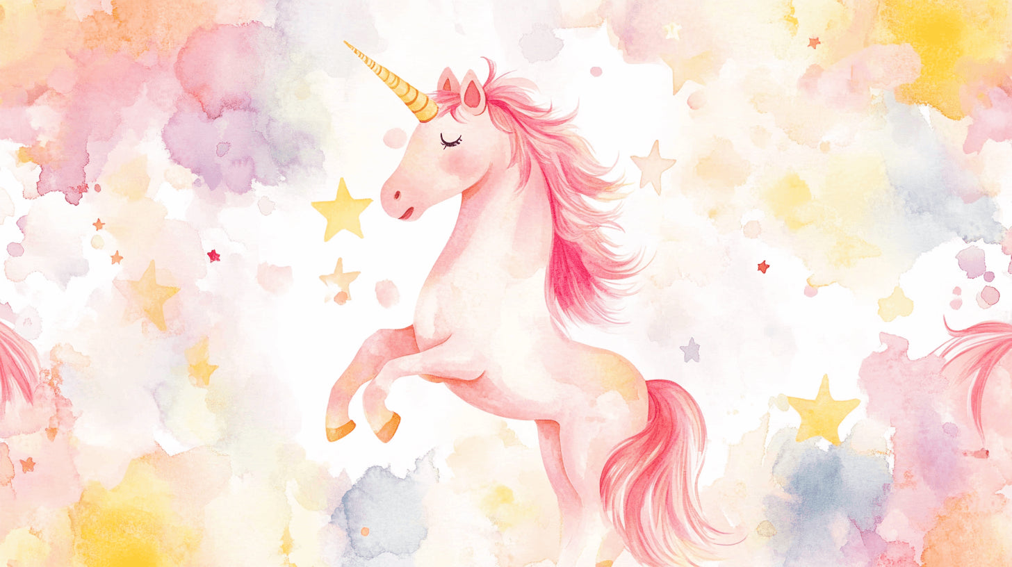 Unicorn wallpaper design file showing detailed watercolor artwork with pink tones and golden stars