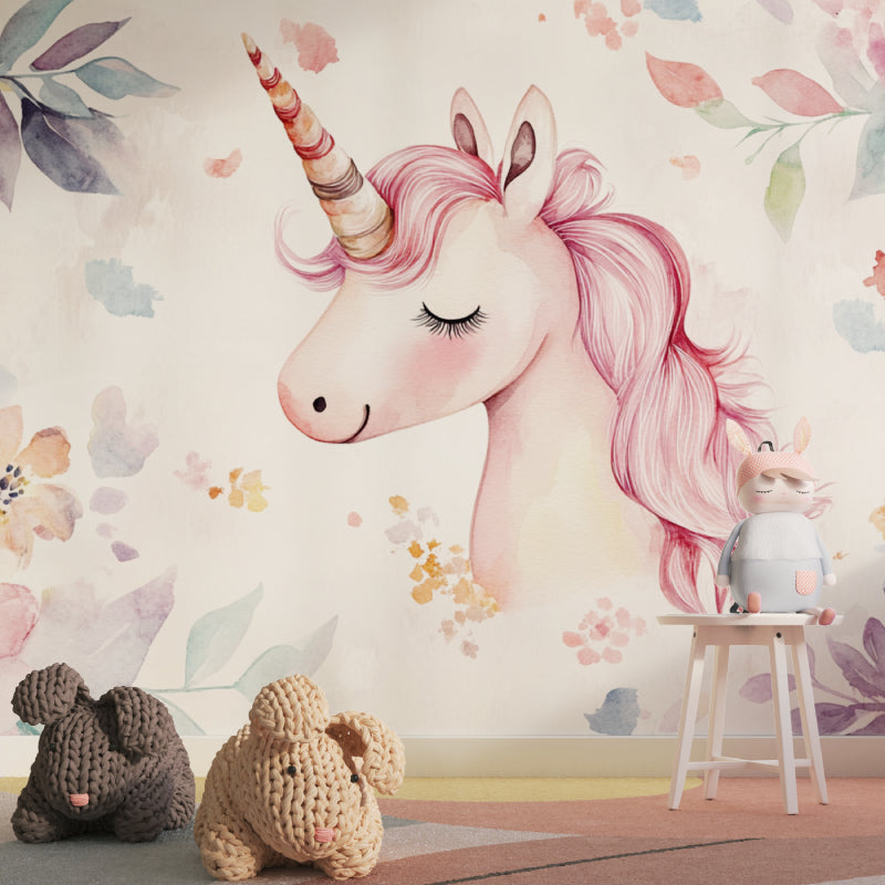 Pink Unicorn Wallpaper displayed in a bright nursery with white furniture and soft textiles