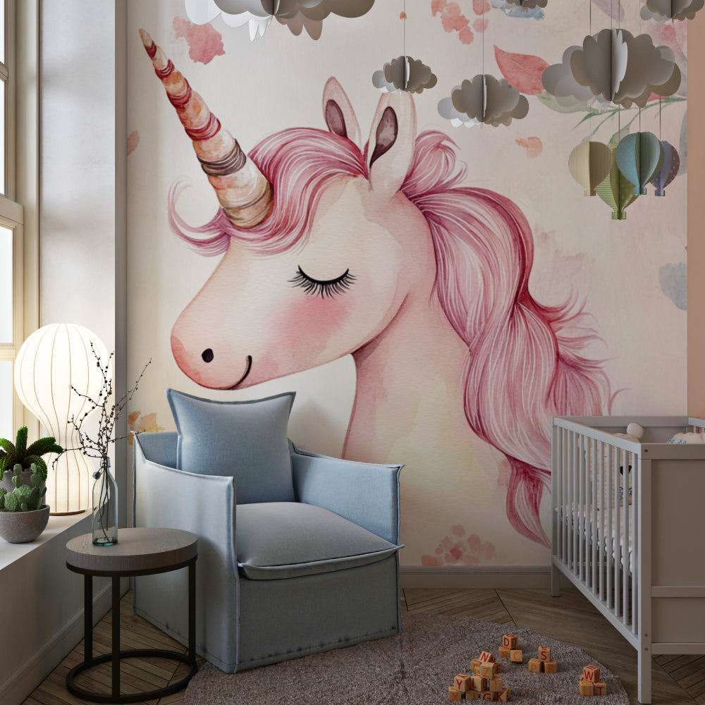 Magical Unicorn Mural creating a focal point in a girl's bedroom with pink accents