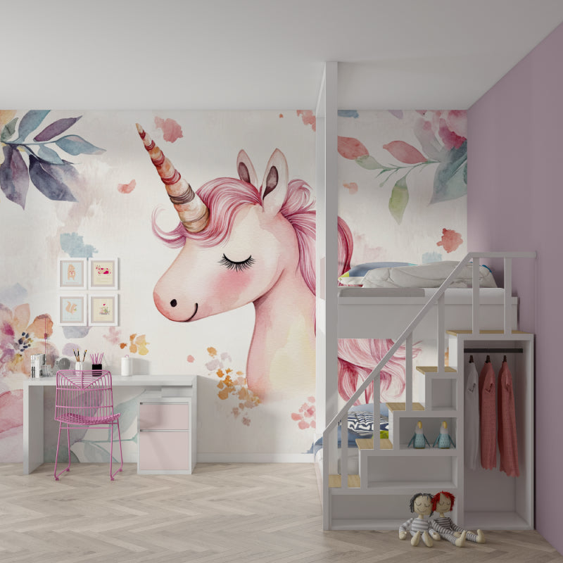 Pink Unicorn Wall Mural in a modern children's bedroom with gold details