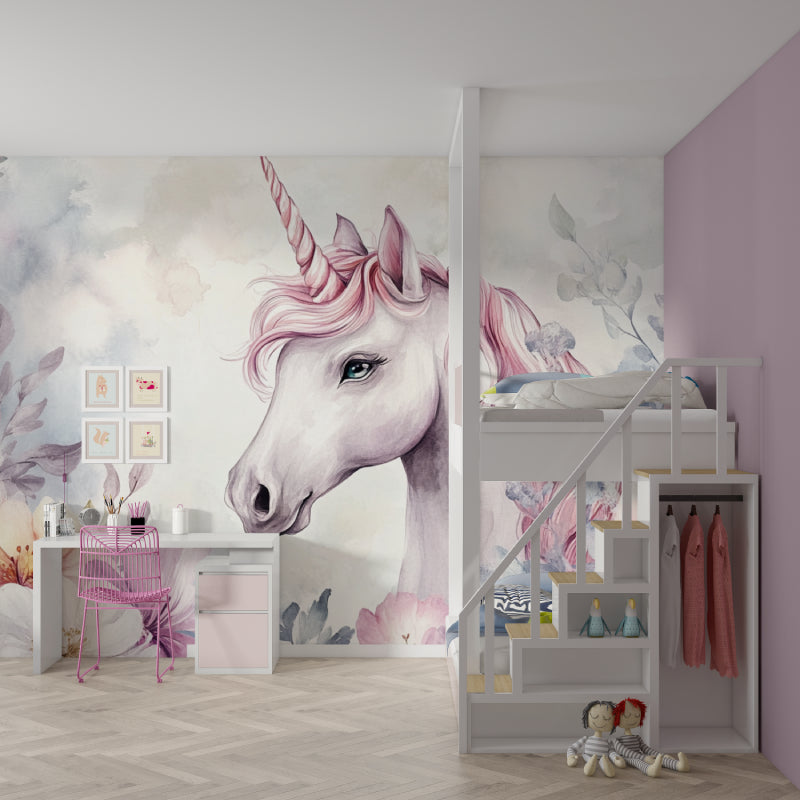 Pink Unicorn Wallpaper Mural in modern girl's bedroom with white furniture