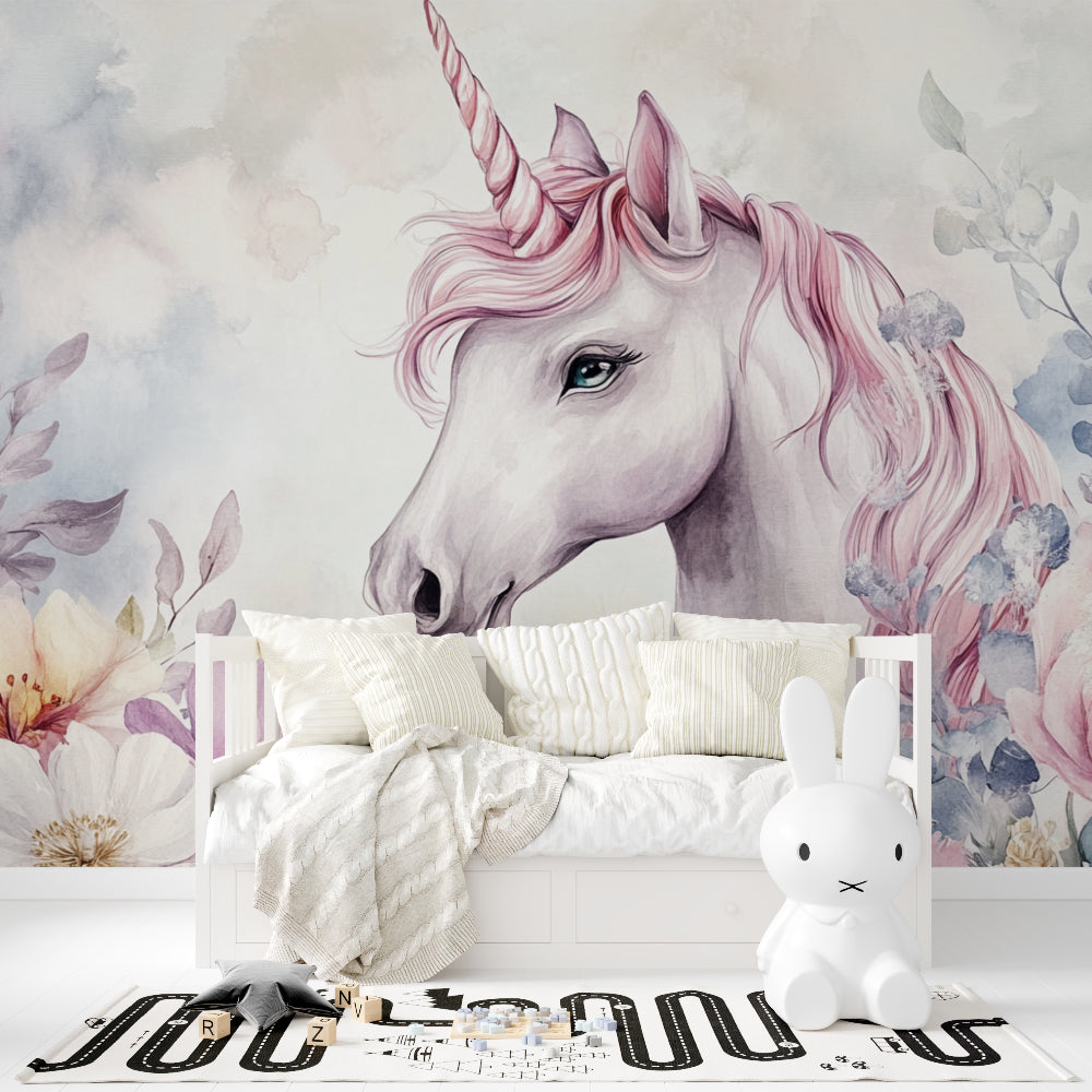 Pink Floral Unicorn Mural in playroom with reading nook