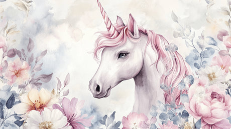 Unicorn Wallpaper design file showing detailed watercolor pink floral pattern