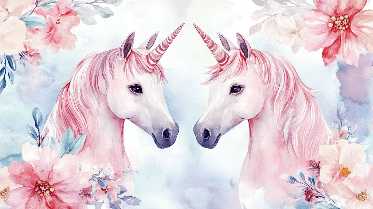 Unicorn mural wallpaper design file with pink watercolor flowers and magical details