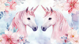 Unicorn mural wallpaper design file with pink watercolor flowers and magical details
