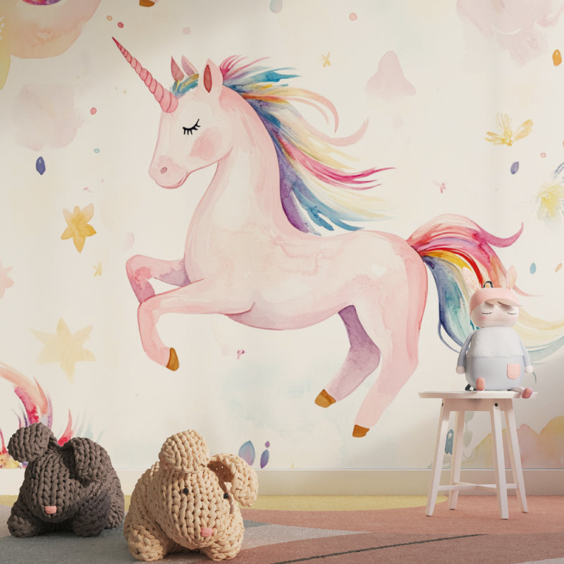 Unicorn wallpaper mural bringing magic to a bright nursery with pink and purple accents