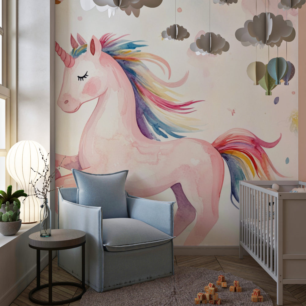 Magical unicorn mural wallpaper adding whimsy to a playroom space