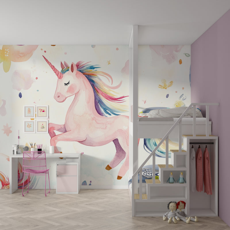 Watercolor unicorn wall design showcased in a modern children's reading nook