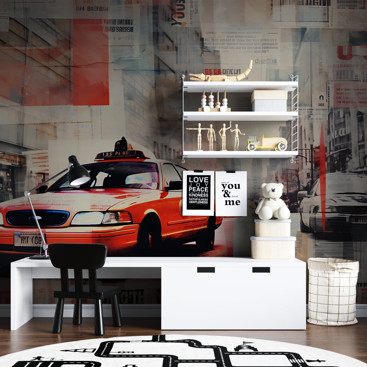 Urban street wallpaper with red taxi shown in modern living room with grey sofa and minimal decor