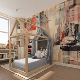 Street art mural with red taxi displayed in contemporary home office setting