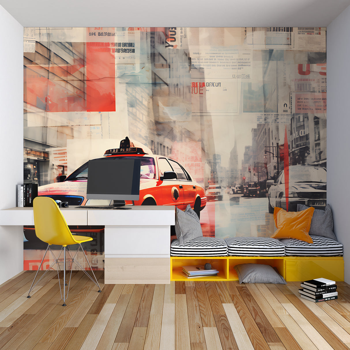 Urban art wallpaper featuring red taxi styled in industrial loft bedroom