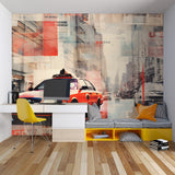 Urban art wallpaper featuring red taxi styled in industrial loft bedroom