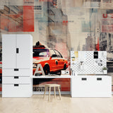 Modern city wallpaper with red taxi showcased in urban dining room