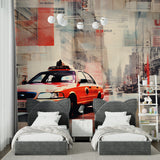 Street scene wallpaper with red taxi displayed in trendy coffee shop interior