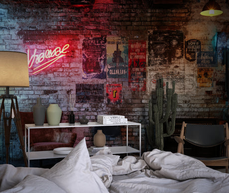 Urban brick wallpaper with neon accents styled in modern teen bedroom showing street art aesthetic