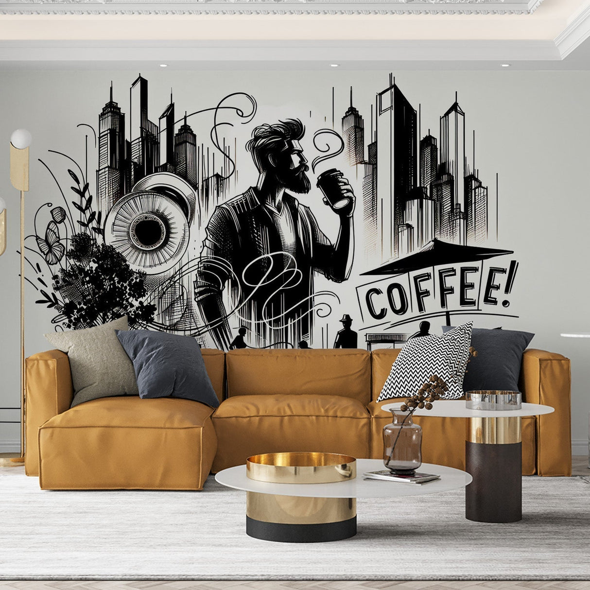 Urban coffee street art wallpaper in modern dining room, creating an artistic black and white feature wall
