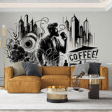 Urban coffee street art wallpaper in modern dining room, creating an artistic black and white feature wall
