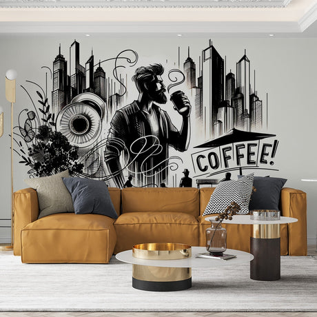 Urban coffee street art wallpaper in modern dining room, creating an artistic black and white feature wall