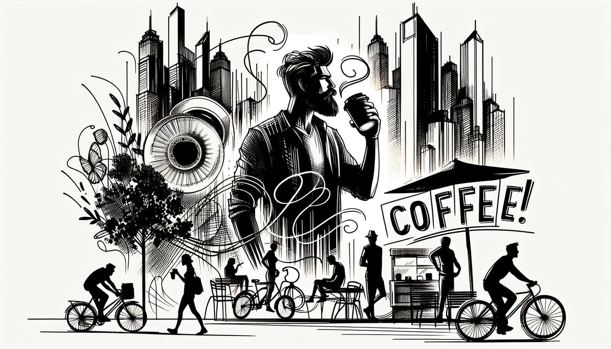 Black and white urban coffee street art design file showing detailed pattern and illustration