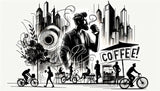 Black and white urban coffee street art design file showing detailed pattern and illustration