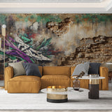 Urban graffiti wallpaper bringing street art style to a modern living room with exposed brick texture and vibrant artwork