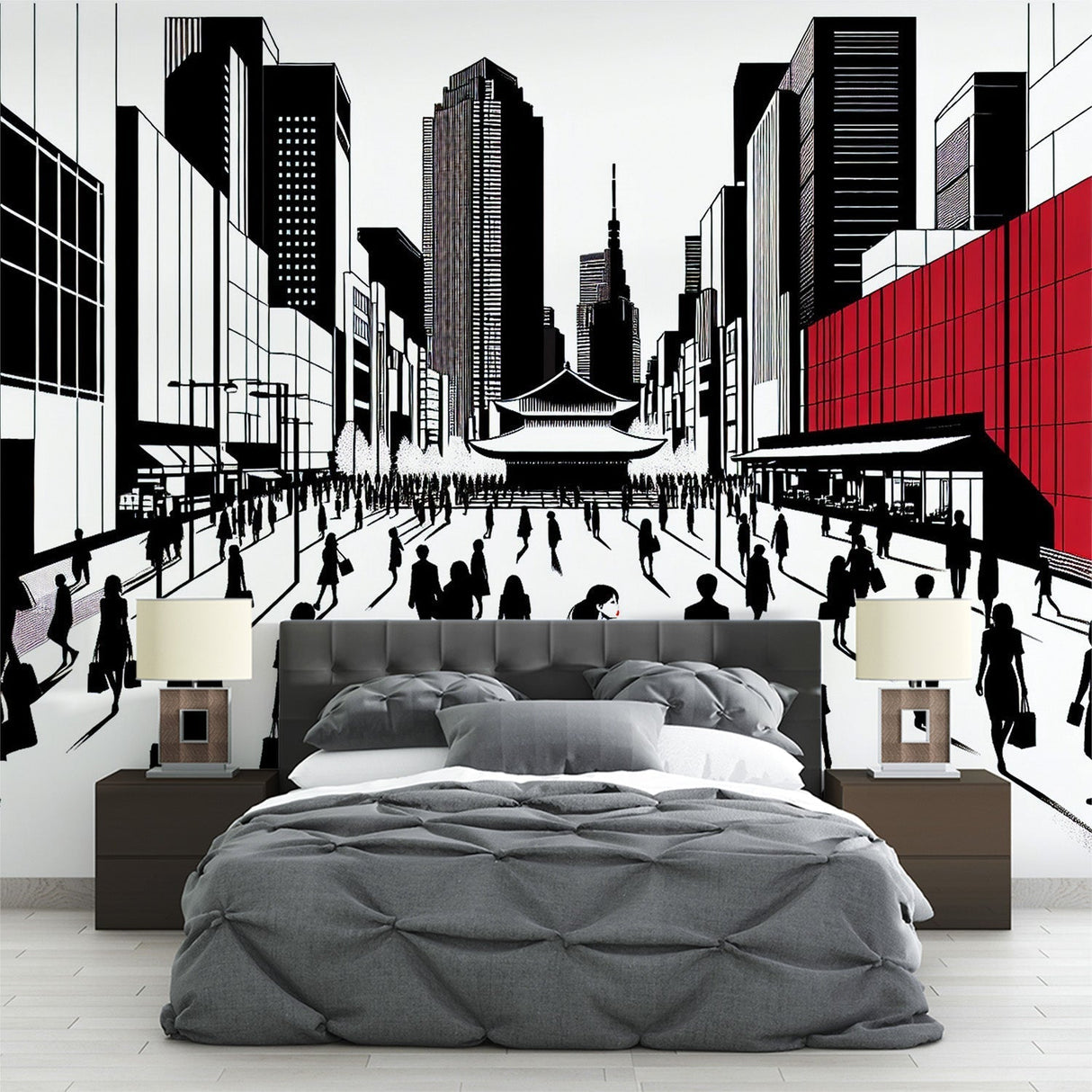 Japanese city wallpaper mural styled in a modern minimalist living room, showing dramatic red accents against black and white urban scene