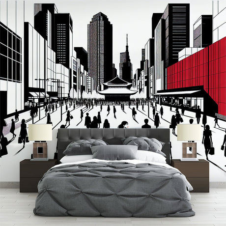 Japanese city wallpaper mural styled in a modern minimalist living room, showing dramatic red accents against black and white urban scene