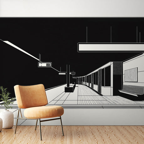 Modern Metro Station Wallpaper creating depth in a minimalist living room, black and white urban design enhancing space