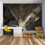 Urban industrial wallpaper in modern gaming room showing dramatic perspective and moody lighting