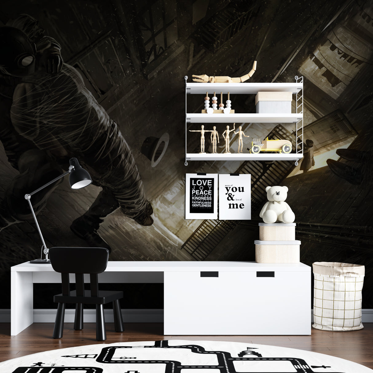 Industrial style wallpaper creating depth in teen bedroom with urban theme