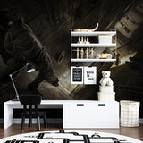 Industrial style wallpaper creating depth in teen bedroom with urban theme