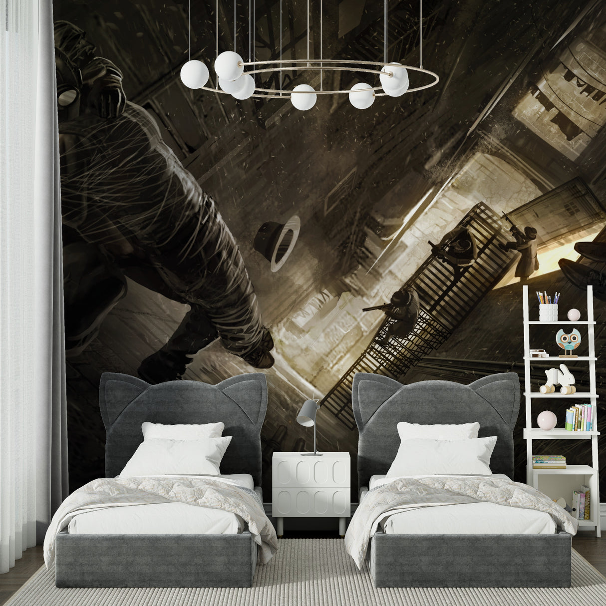 Street art wallpaper mural showcased in creative office space with industrial decor