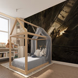 Modern urban wallpaper adding drama to contemporary living room setup