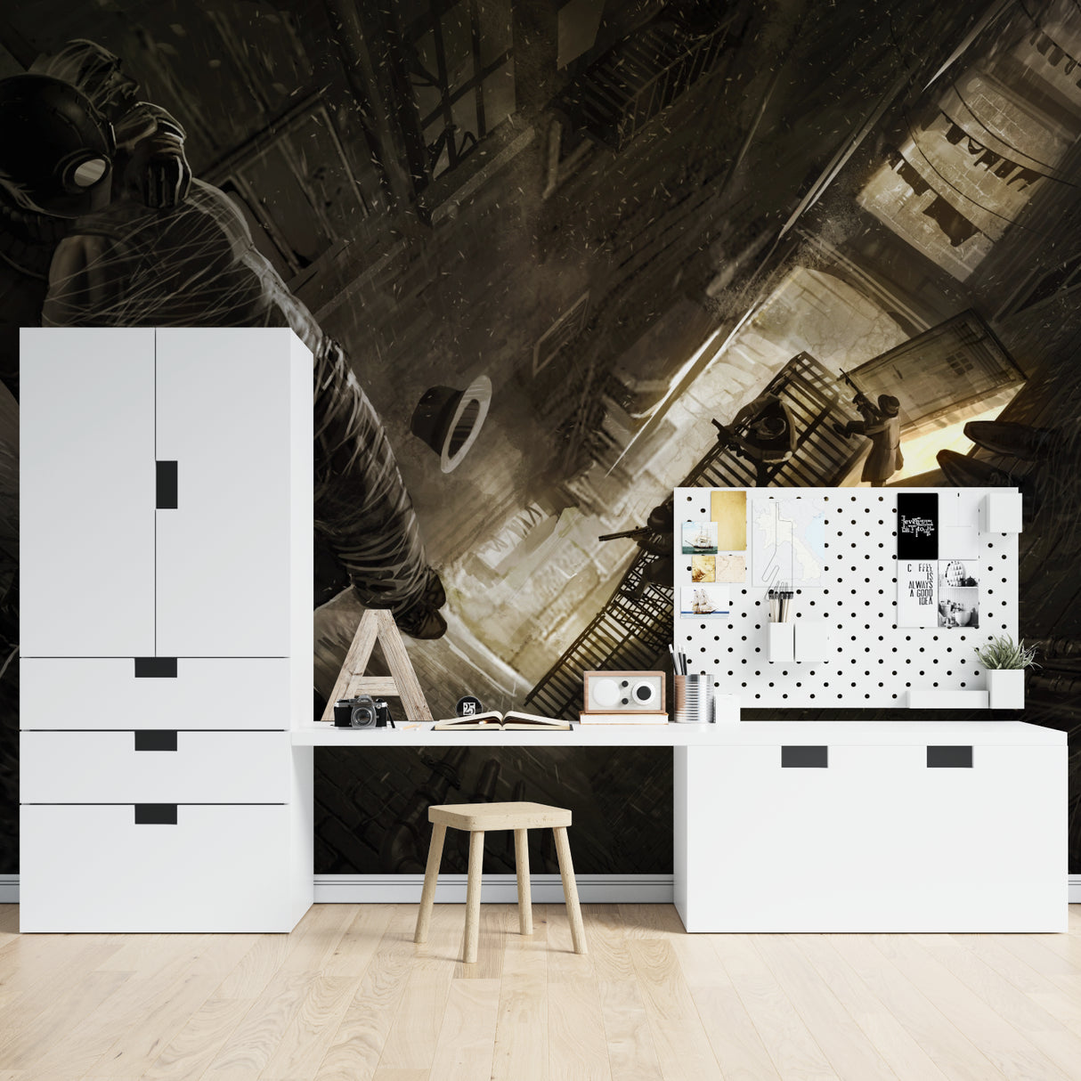 Industrial wall mural bringing urban feel to minimalist home office