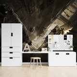 Industrial wall mural bringing urban feel to minimalist home office