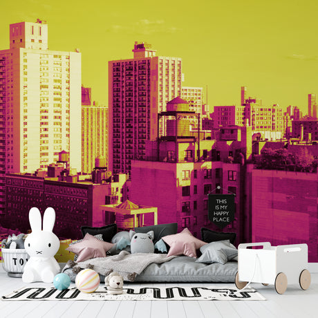 Modern city skyline wallpaper in a spacious living room, showing urban mural against white furniture