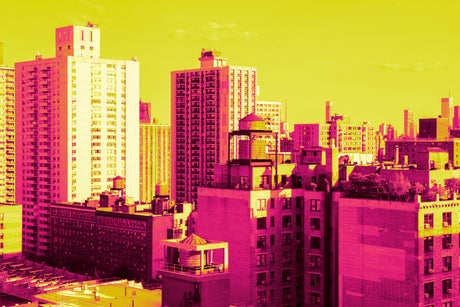 Design file of futuristic city skyline wallpaper showing detailed urban architecture and blue sky