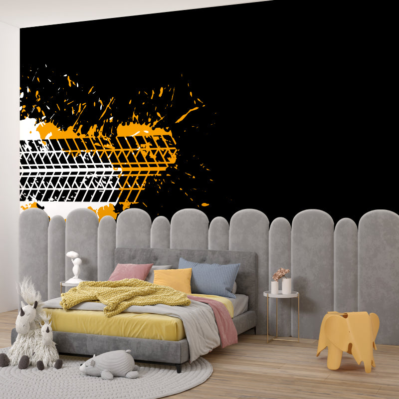 Geometric tire track pattern brightening up a teen bedroom with dynamic orange accents
