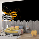 Geometric tire track pattern brightening up a teen bedroom with dynamic orange accents