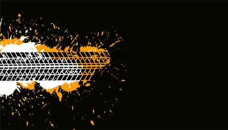 Geometric tire track design file showing precise pattern details with vibrant orange splash effect